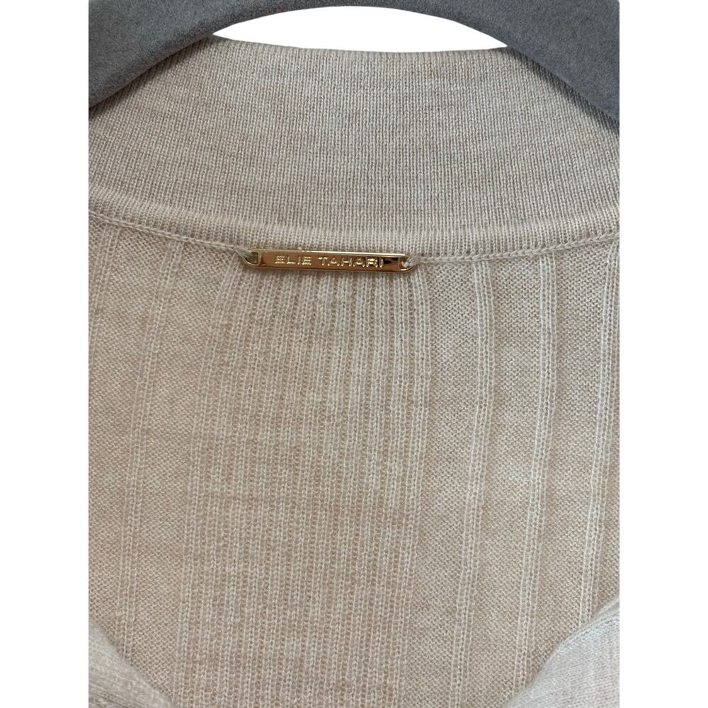 Elie Tahari Women’s Ribbed Knit Collared Polo Sweater Beige Long Sleeve Stretch - Picture 5 of 9